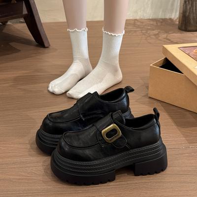 Платформа толстый каблук британский стиль маленькие кожаные туфли женские 2025 новые французские ретро универсальные увеличивающие рост лоферы на липучках