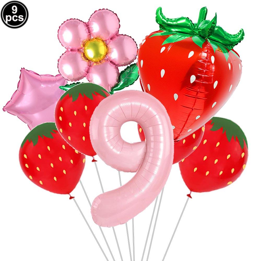 9pcs Strawberry Balloons Kits Birthday Decorations for Girls 32inch 0-9 Number Balloons for Strawberry Birthday Party Decors
