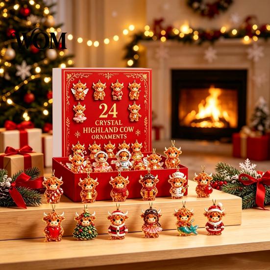 Christmas Advent Calendar Blind Box Highland Cow Calendar, 24 Pcs Acrylic Hanging Ornaments for Cute Animal Pendant Bags Tree Decoration, Festive