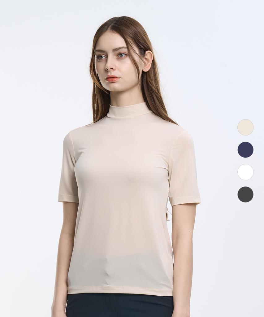 2ELA Ice Smoothie Women'S Polyester Cooling Striped Mock Neck Short Sleeve T-Shirt 4 Colors