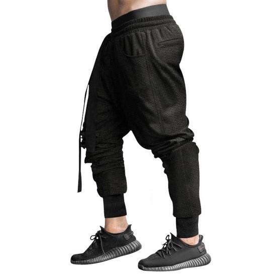 Spring Fall Men Harem Pants Loose Drawstring Elastic Waist Pockets Ankle-banded Solid Color Sport