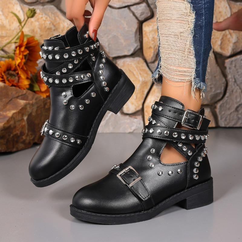 Fashion Women's Ankle Boots Studded T-Band Punk Gothic Shoes Metal Buckle Women's Chunky Heels Female Party Evening Shoes