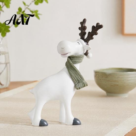 Whimsical Animal Figurines Nordic Minimalist Resin Reindeer Figurine with Knitted Scarf, Cute Healing Deer Statue, Matte White Desktop Decorative