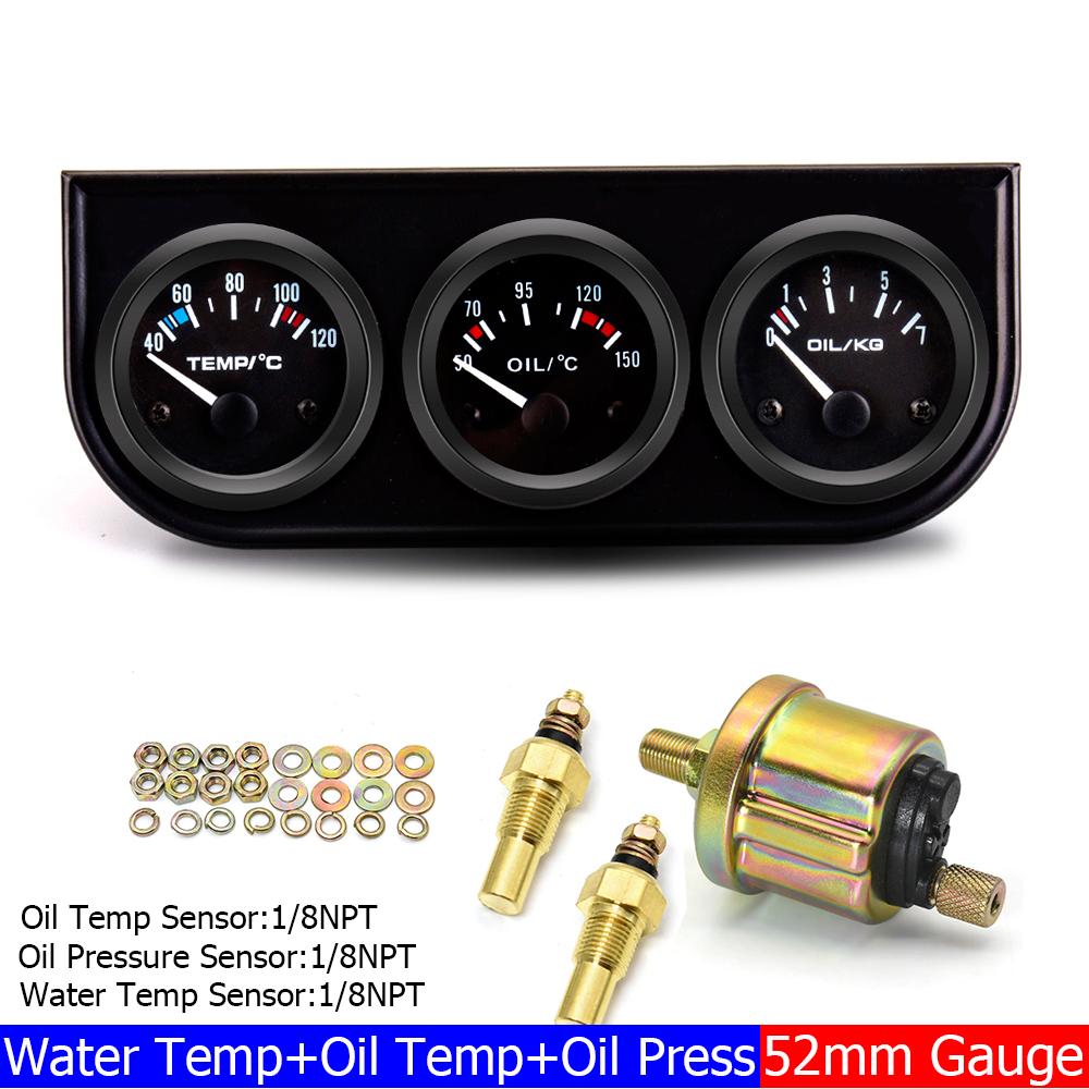 2" 52MM Triple Gauge 3 In 1 Water Temp Gauge Oil Pressure Gauge Oil Temperature Gauge with Sensor 1/8 NPT Voltage for Racing Car