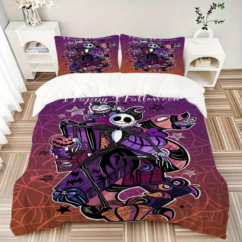 3pcs Happy Halloween Jack Quilt Cover Set (1 Quilt Cover + 2 Pillowcases Without Pillow Core), High-Definition Printing for Home and Dormito