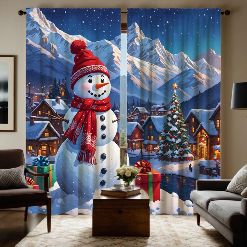2 шт. HD Рождественская снежная горная сельская декоративная занавеска со снеговиком Синяя занавеска с цифровой печатью в стиле домашнего декора