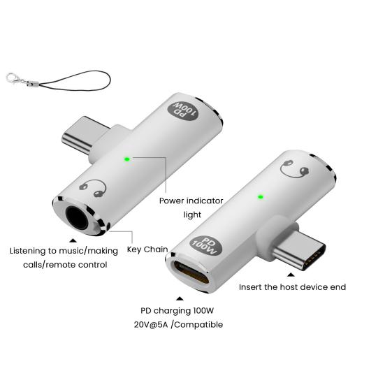 Адаптер USB C на 3,5 мм аудиоразъем с быстрой зарядкой PD 100 Вт, двухпортовый адаптер, универсальный адаптер для наушников