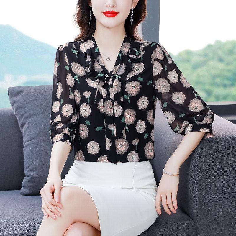 Рубашка из шифона с рукавами семь минут, цветочные узоры, женские весенние и летние новые модные топы, женская свободная универсальная рубашка
