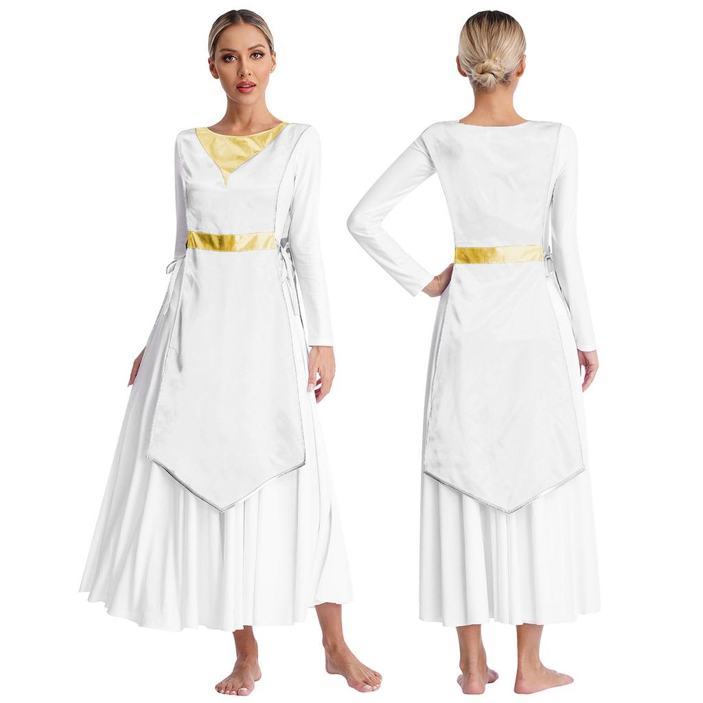 Женское церковное одеяние для хорового выступления, туника, металлизированная пэчворк, шнуровка по бокам, разрезы, атласное платье, танцевальная одежда