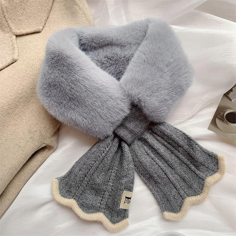 Winter Plush Scarf Woman Thick Fish Tail Wool Knit Cross Fur Collar Outdoor Cycling Neck Protect Cervical Spine Warm Scarve