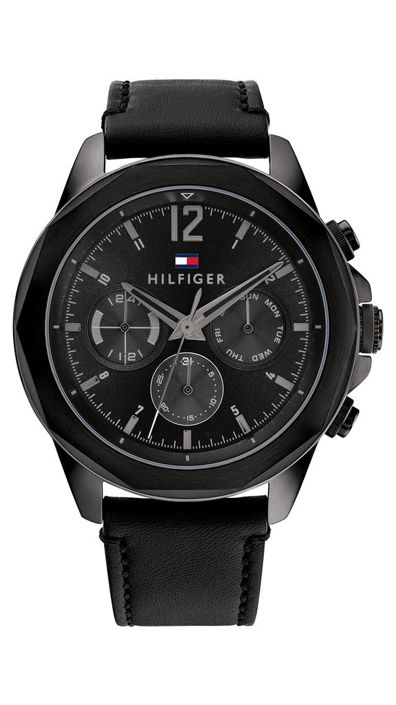 Tommy Hilfiger Multifunctional Stainless Steel Case and Leather Strap Black Modern Men's Watch, Color (Model 1792062), Black,