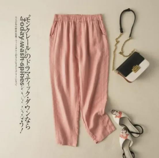 2024 Летние женские ретро-брюки-шаровары из хлопка и льна с эластичной резинкой на талии 