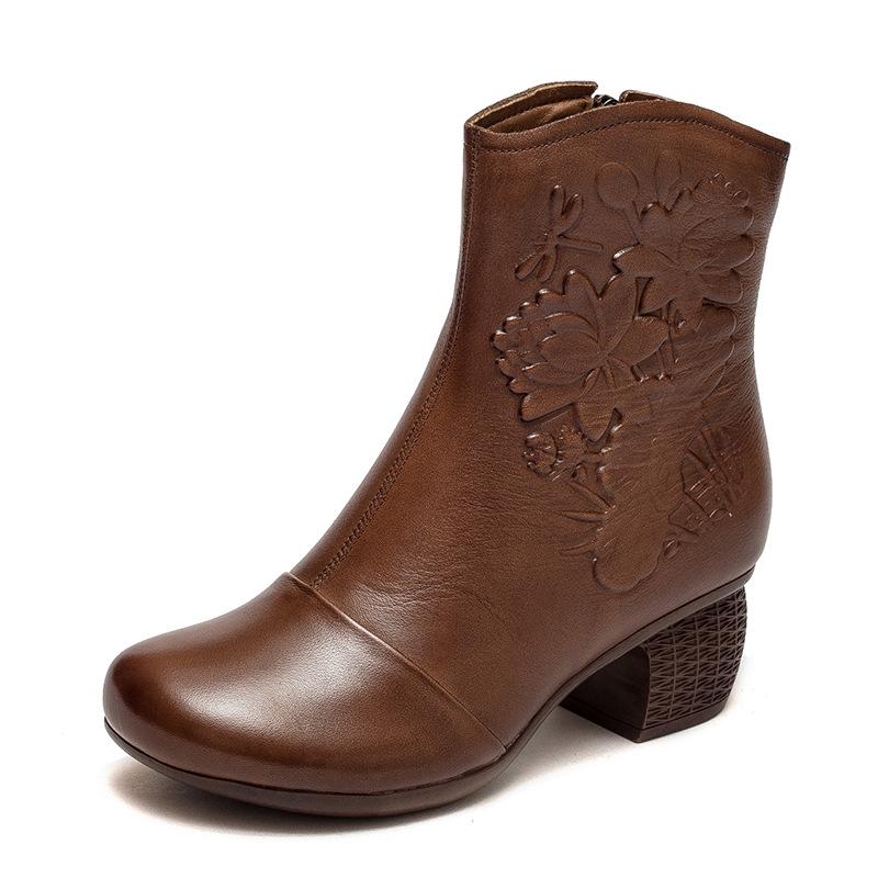 GKTINOO Женские ботинки 2024 Новые женские короткие ботинки с круглым носком из натуральной кожи Осенне-зимняя обувь Квадратный каблук Женская обувь