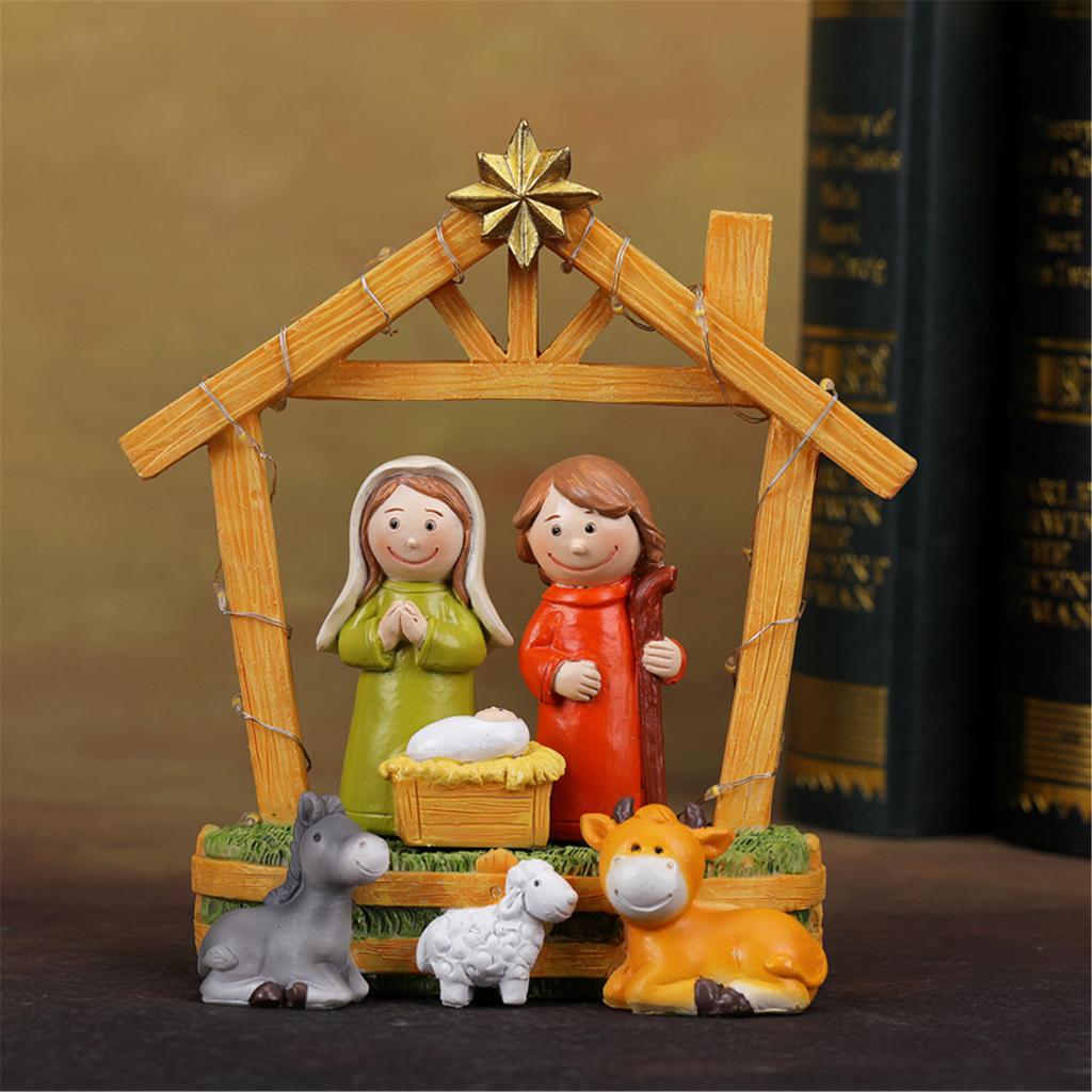 LED Lighted Festival Resins Nativity Figurines Ornament Set Holiday Tabletop Decoration for Christmas Party Decors Gift