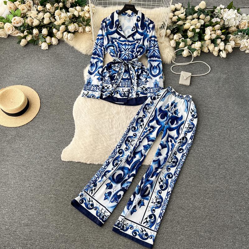 Fashion Designer Vintage Printed Two Piece Set for Women's Long Sleeve Blazer Collar Shirt+high Waisted Straight Pants Office Lady Outfits