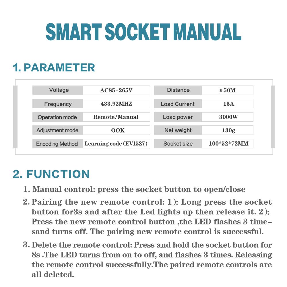 433MHz RF Remote Electric Smart Socket Switch with Remote Control 220V 15A EU Plug Universal ON/OFF Control for Home Appliance/Lamp/Fan Plug