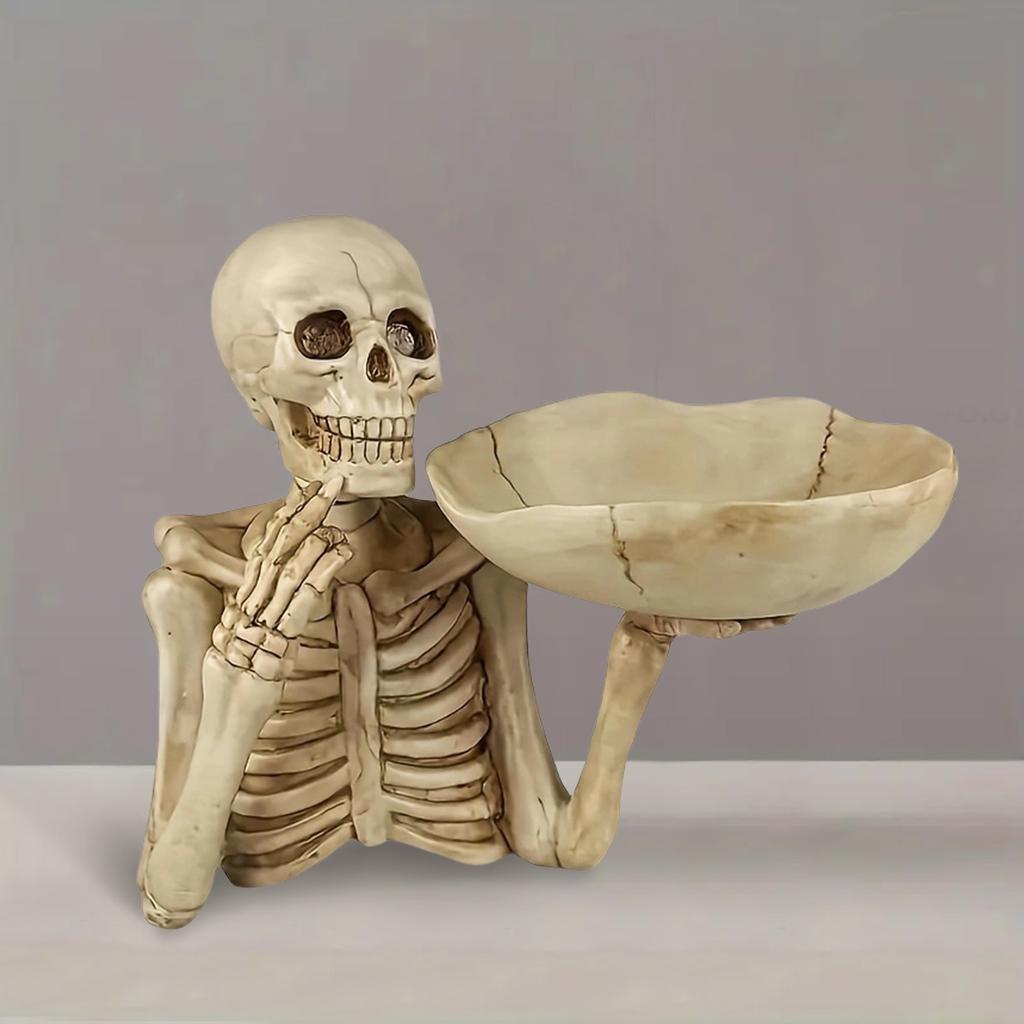 1pc Resin Skull Tray Ornament with Bowl – Unique Skeleton Design for Indoor&Outdoor Decor,Perfect for Halloween,Day of The Dead