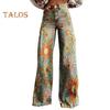Women Casual Trousers Colorful 3D Floral Printing Flared Leg High Waist Plus Size Jeans Button Zipper Closure with Pockets Lojng Pants for Dating