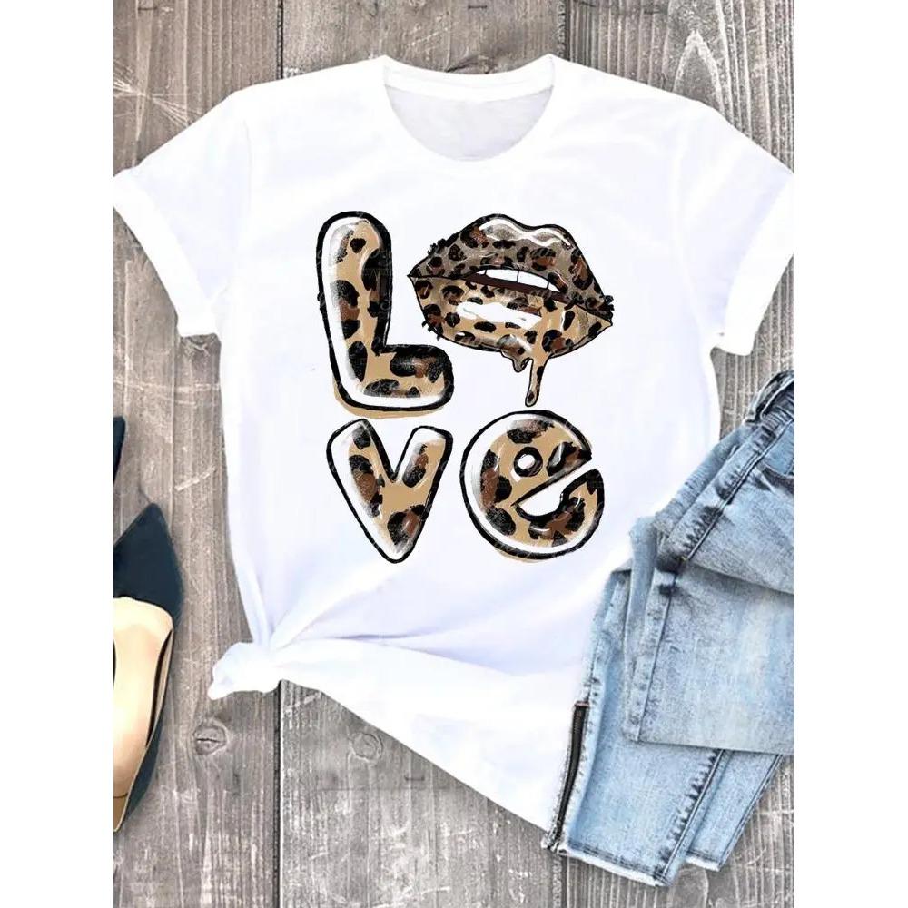 Леопардовый узор с сердечком для женщин, летняя милая модная футболка для девочек, повседневная футболка с коротким рукавом, милая женская футболка, одежда