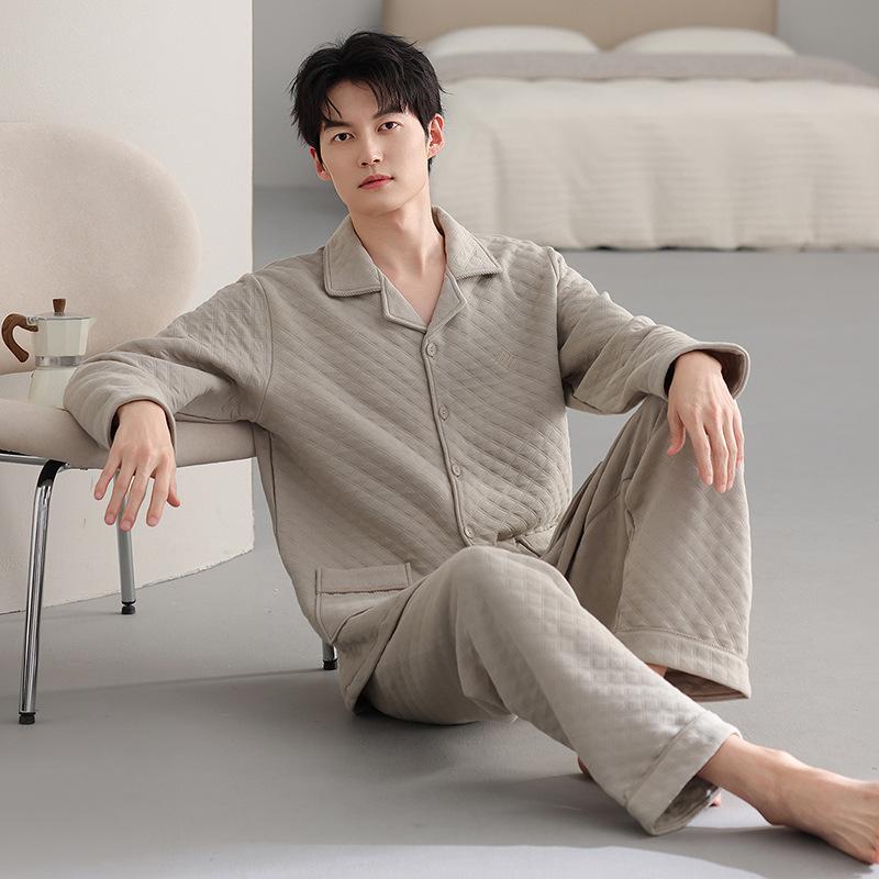 Осенне-зимняя пижама мужская утолщенная из чистого хлопка с воздушным хлопком в качестве межслойной ткани, теплая, большого размера, комплект домашней одежды