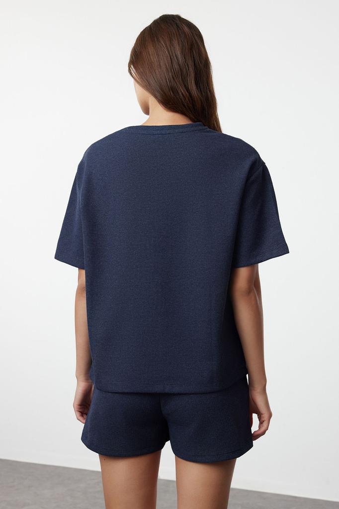 Women's Fashion Indigo Waffle Fabric Knitted Pajama Set