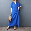 New 2025 Plus Size Summer Dress Women Solid Vintage Casual V-Neck Beach Dress Loose Dress Maxi
