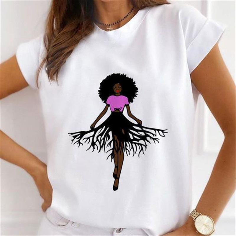 Summer Floral Girl Printed Base Shirt Cute Cartoon Round Neck Plus Size Pure Cotton Short Sleeved Top T-Shirts Women’s