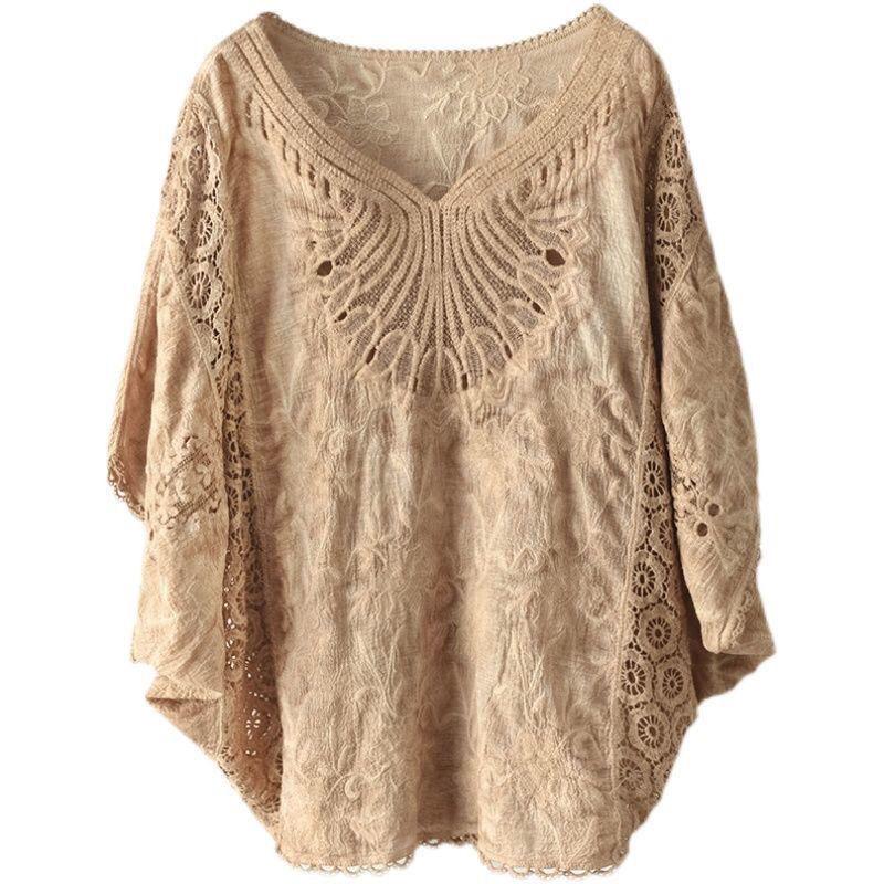 DIMANAF 2025 Летняя женская футболка с V-образным вырезом и принтом «летучая мышь», базовые кружевные новые модные топы, кружевные футболки, повседневные свободные футболки