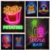 Vintage Neon Food Tin Signs Western Restaurant Bar Club Menu Decoration French Fries Pattern Wall Decor Plaque Retro Metal