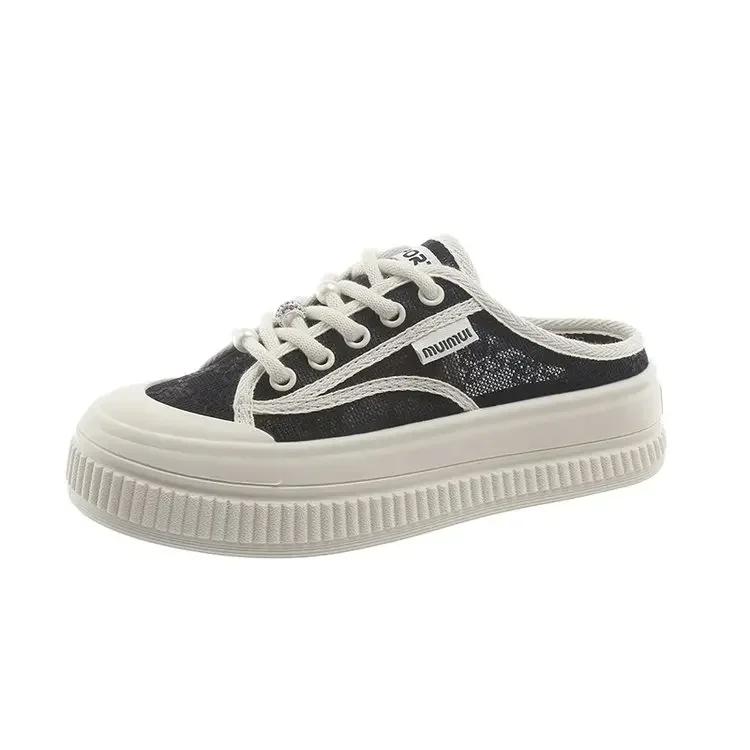 Baotou Half Slippers Women Lace Breathable Shoes Breathable Light-weight Thick-bottom Comfortable Canvas Sneakers for Women