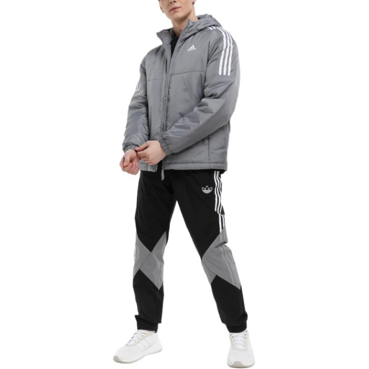 adidas Утепленная куртка с капюшоном Essentials с принтом логотипа, на молнии, с длинным рукавом, мужская куртка, серая IK5684