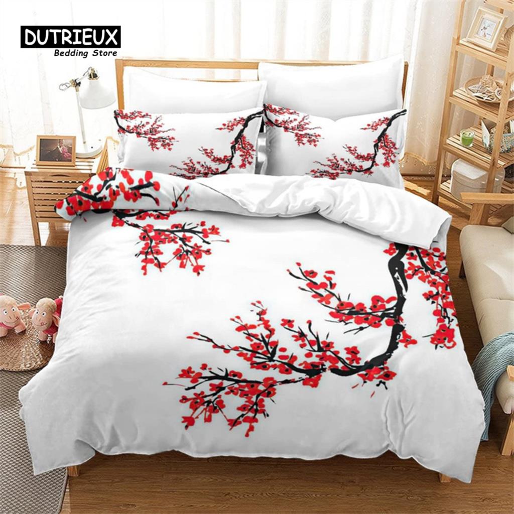 Cherry Blossoms Duvet Cover Set Japanese Floral Bedding Set Microfiber Romantic Theme Quilt Cover Twin King For Valentine's Day