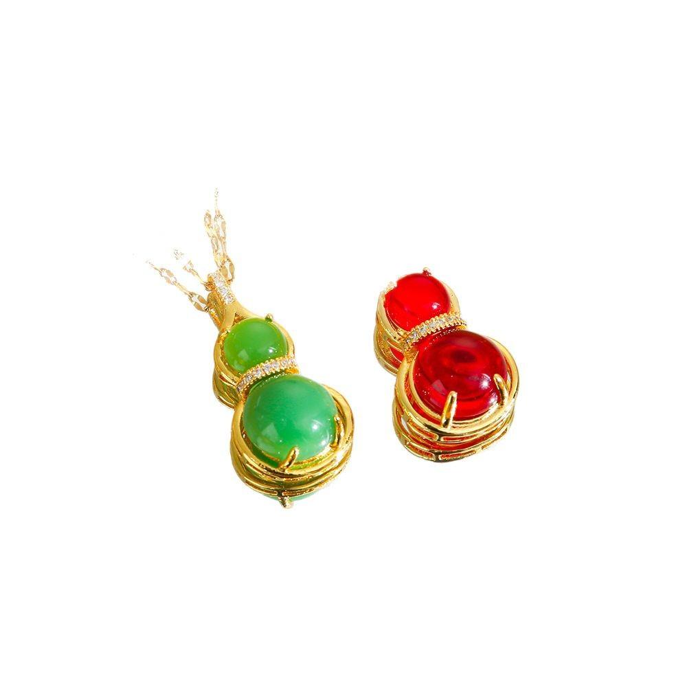 Luxury Diamond Inlaid Jade Gourd Pendant Necklace Elegant Women Choker For Good Fortune