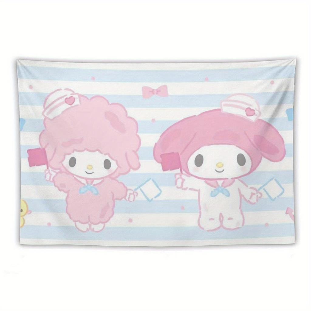 Гобелен с принтом My Melody и Black Beauty, синий и фиолетовый, мультяшные персонажи, цветочные украшения, идеально подходит для гостиных или