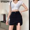 Женская джинсовая миди-юбка Эластичная высокая талия Разрез на талии Облегающая бедра А-силуэта Короткая юбка