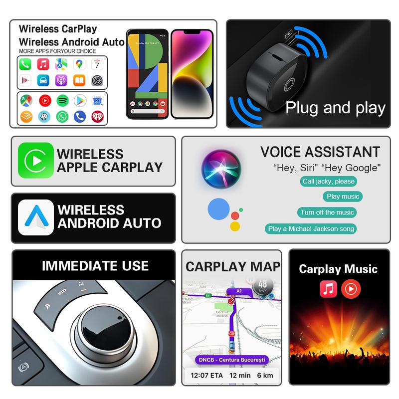 2-в-1 Беспроводной адаптер CarPlay и Беспроводной адаптер Android Auto, 5 ГГц WiFi, Type-C и USB, Plug and Play для VW Toyota Nissan Honda Benz