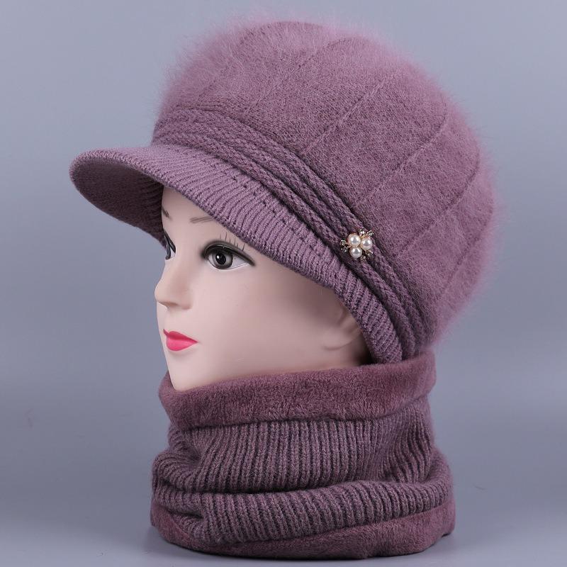 Middle Aged Elderly Hats Women Winter Knitted Woolen Hats Rabbit Hair with Thick Velvet Mother's Elderly Women's Hats Grandmother's Warm Hats
