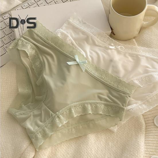 Women Panties Seamless Lace Bow Decor Soft Solid Color Elastic Thin High Waist Quick Drying Breathable Anti Septic Lady Underpants Briefs