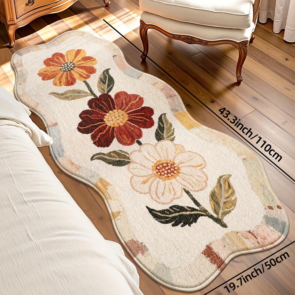 Soft Area Mat - Non-Slip Backing, Machine-Made Floral Bedside Mat for Bedroom, Living Room, Hallway, Laundry - Easy-Clean Home Decor Mat