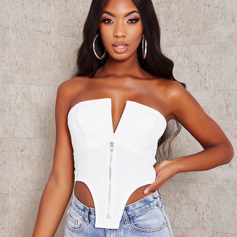 Европейский и американский 2020 Летний Женский Сексуальный Облегающий Топ без Бретелей на Молнии