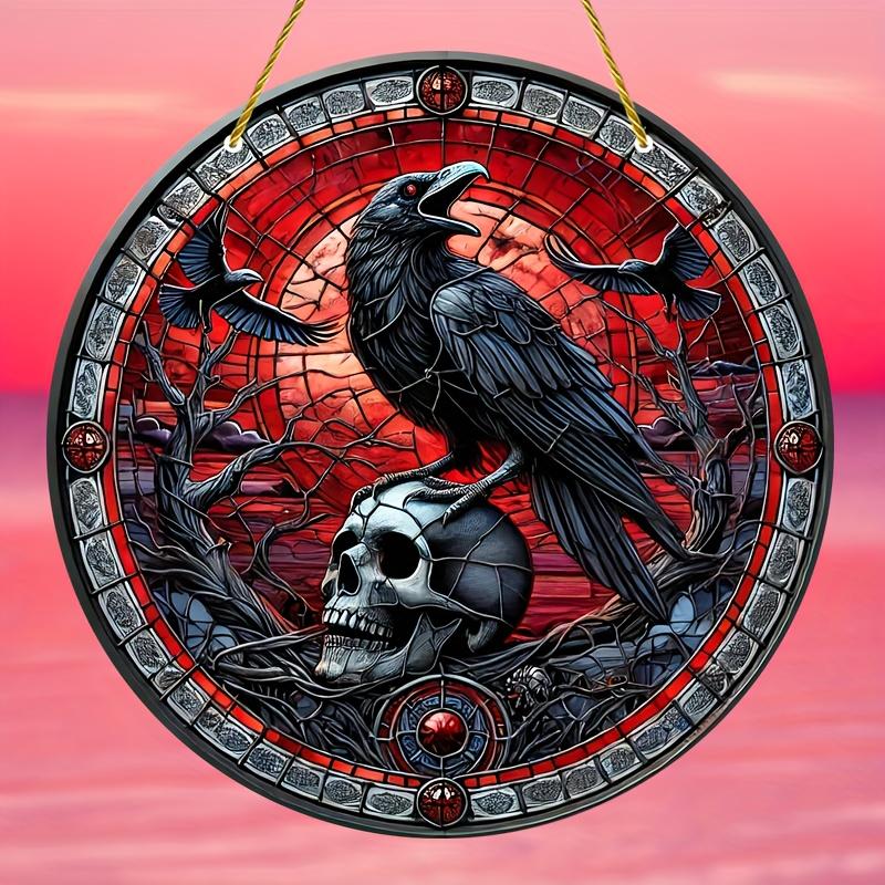 Crow Suncatcher 8"x8" - красочное искусство черепа для окон и стен, идеально подходит для любого сезона, декор крыльца и сада, идеальный подарок, украшения на Хэллоуин
