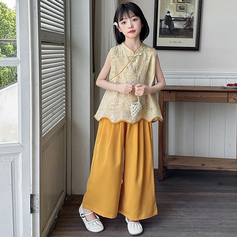 Летний костюм среднего размера для девочки, жилет с вышивкой, брюки с широкими штанинами, модный комплект