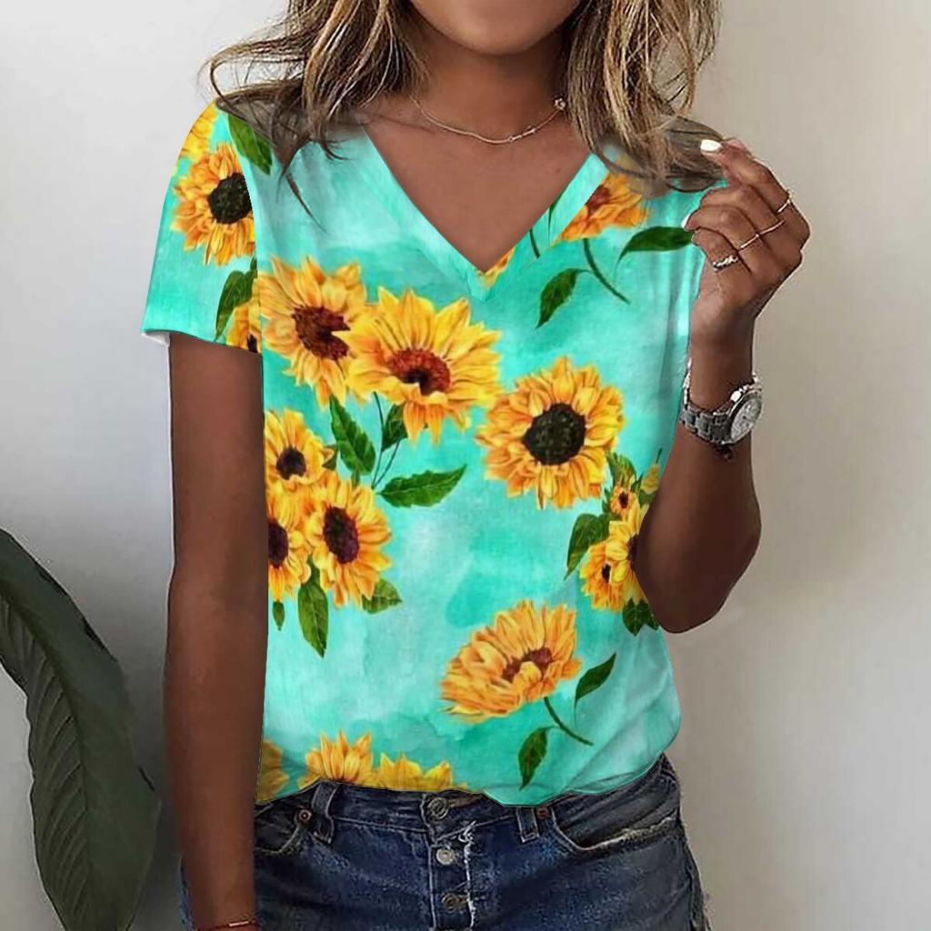 Модная футболка с 3D принтом подсолнечника и цветочным принтом, летние женские футболки с v-образным вырезом в стиле Харадзюку, уличная одежда больших размеров, футболки Y2k, верхняя женская одежда