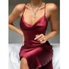 Party Satin Dress Women Spaghetti Strap Solid Color Bodycon Swing Collar Midi Dress