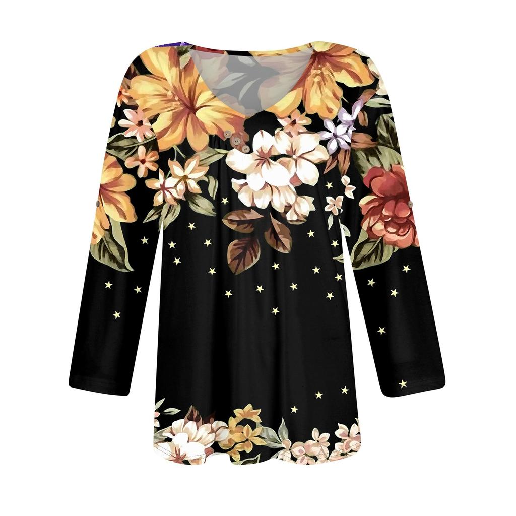 Shirts For Women Trendy V Neck Button T Shirts Casual Printed Summer Tees T Shirt Blouse Three Quarter Sleeve Tops For Women