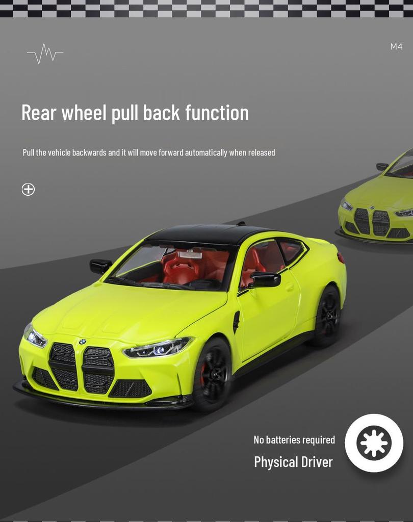 1:24 BMW M4 Diecast Car Model with Shock Absorption, Pull-Back, Steering, Sound, and Light Features.
