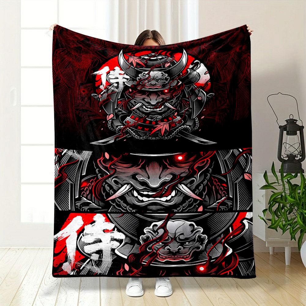 Samurai mask with horns, red background, and bold Japanese characters. for all seasons blanket lunch break throw gift
