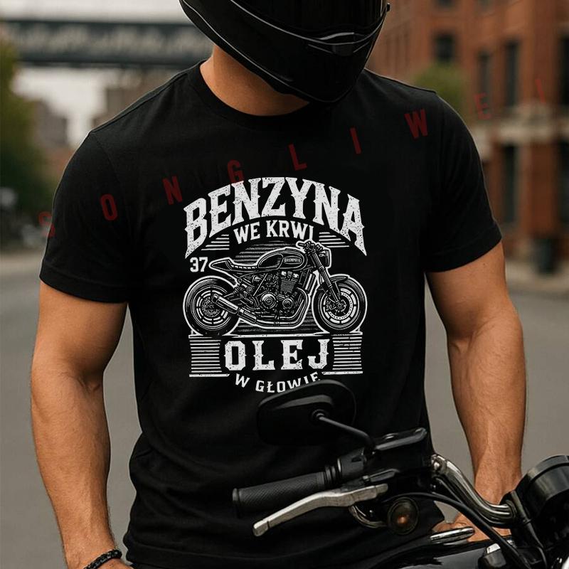 Черная Ретро Дизайн Байкерский С Текстом BENZYNA Мото 100% Хлопок Футболка Ультра Мягкая Круглый Вырез Короткий Рукав