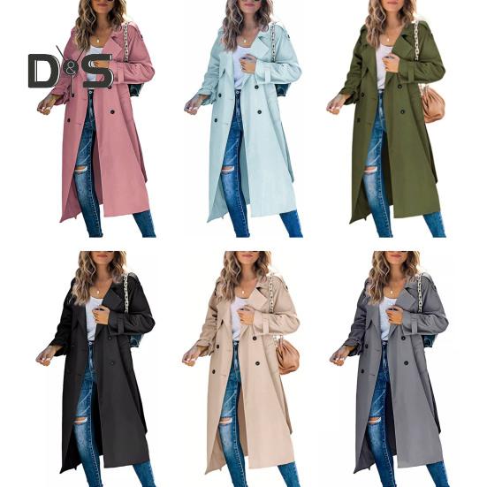 Женский плащ двубортный классический длинный с лацканами ветрозащитный осенне-весенний верхняя одежда куртка для работы и путешествий