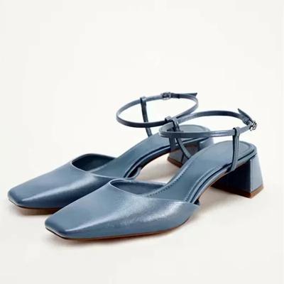 Модные синие сандалии на каблуке с квадратным носком и ремешком на щиколотке Женский брендовый дизайнерский высокий каблук Летние милые мюли Сандалии Обувь Sandalias De Mujer